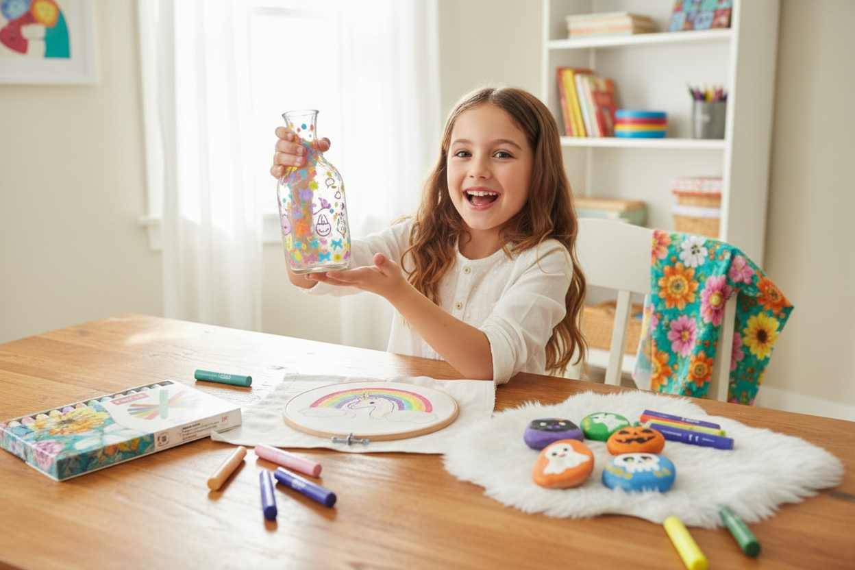 Child showcasing creations on glass and fabric surfaces