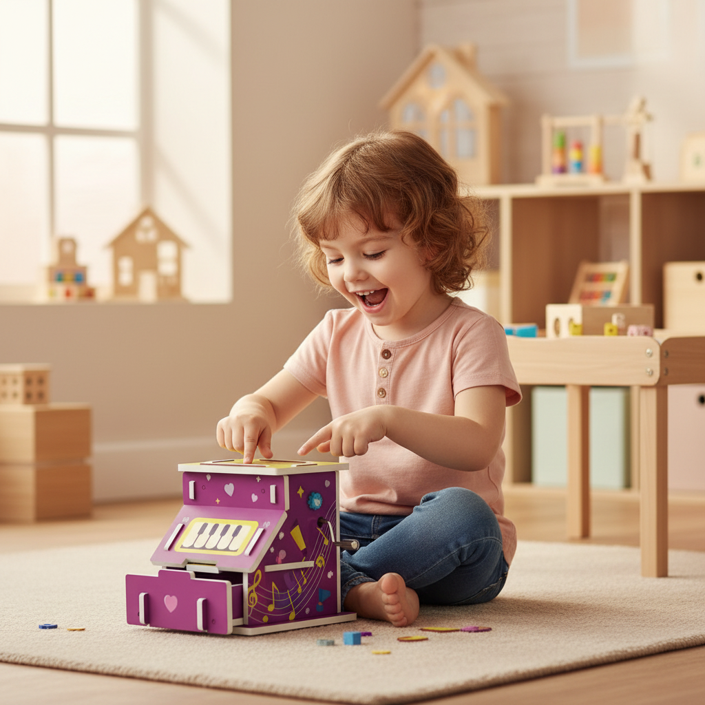 Child enjoying STEM music box in organized play space