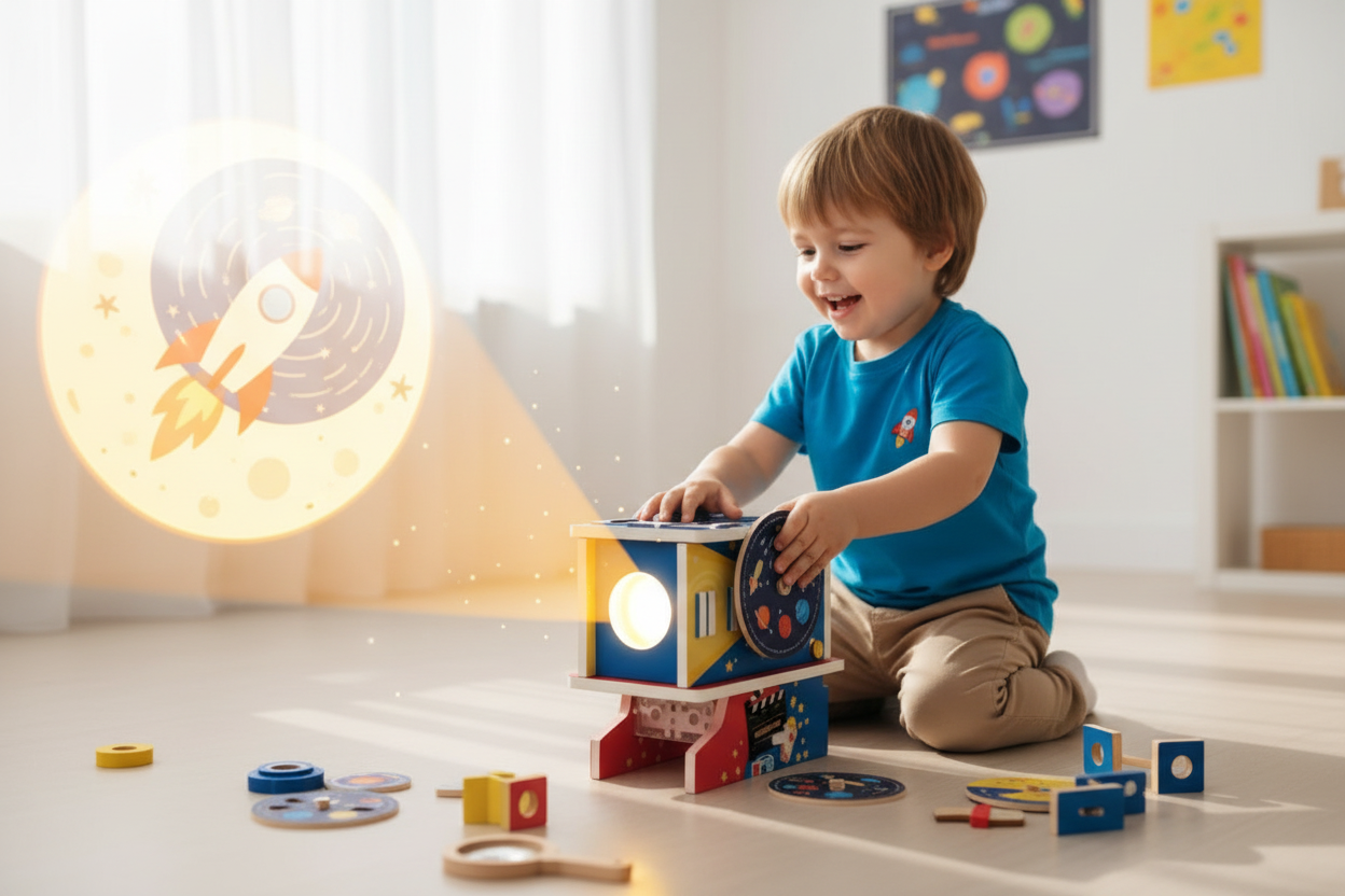 Child discovering how optics work with DIY projector