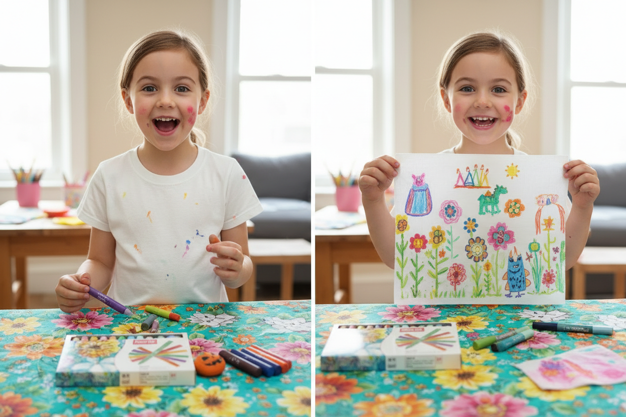 Child showing off colorful fabric creation