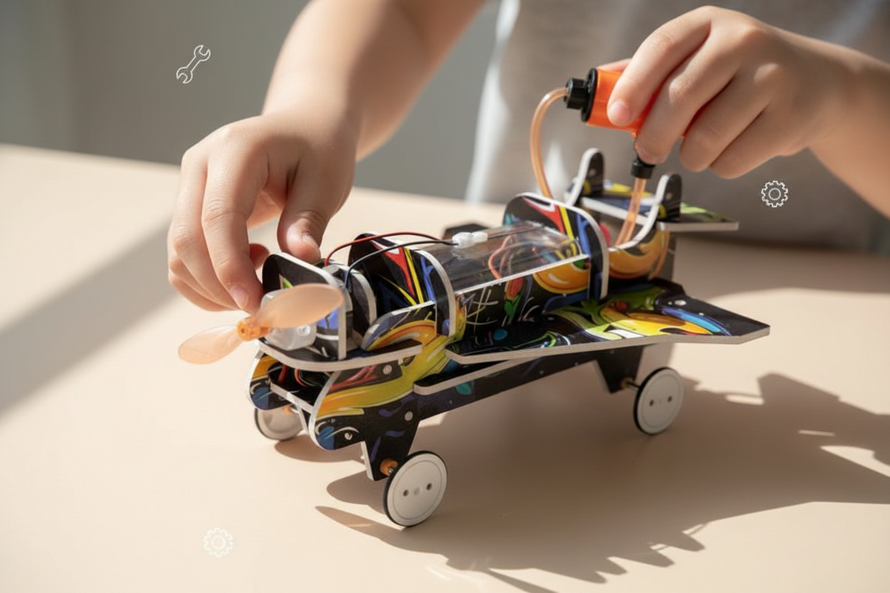 Child building STEM Air-Power Vehicle DIY Science Toy