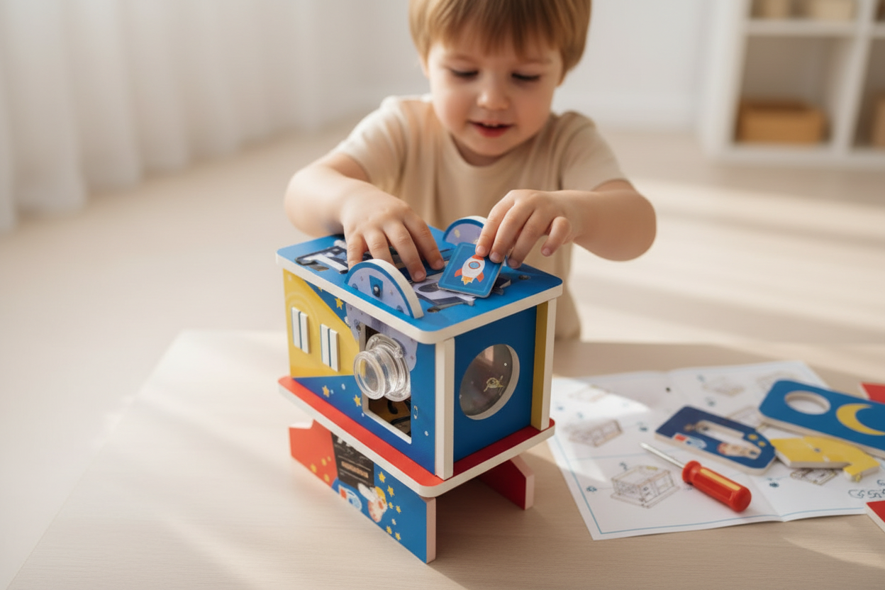 Child assembling STEM Optical Slide Projector DIY Kit