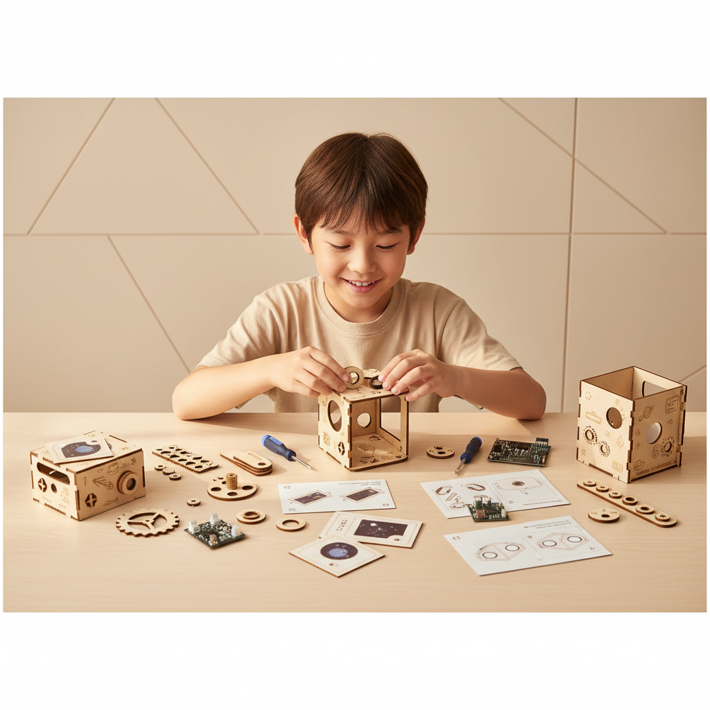 Child building optical projector from overhead view