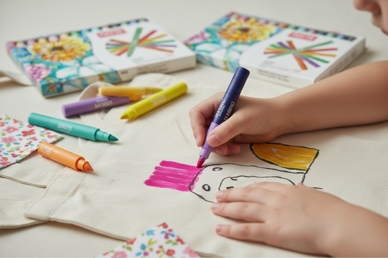 Child decorating fabric with Paint Stik markers