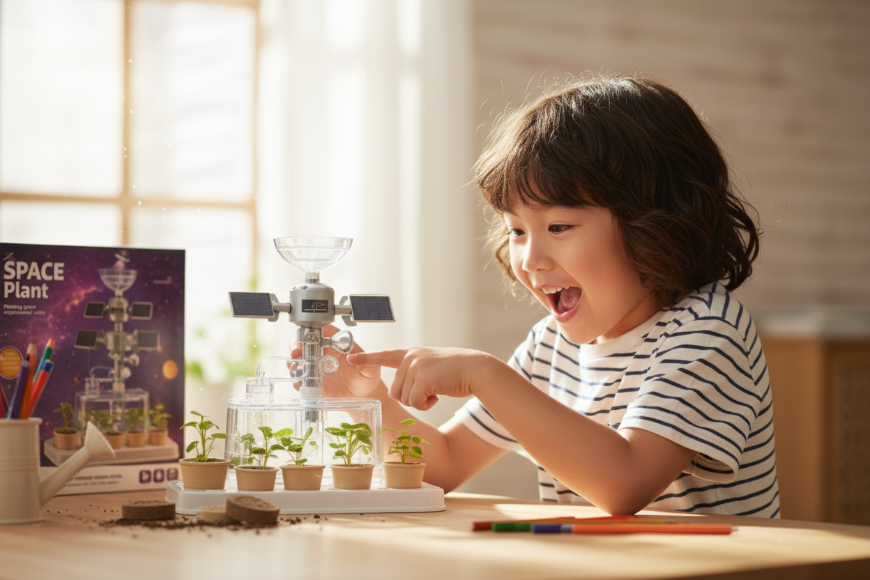 Child observing plants growing in solar-powered greenhouse