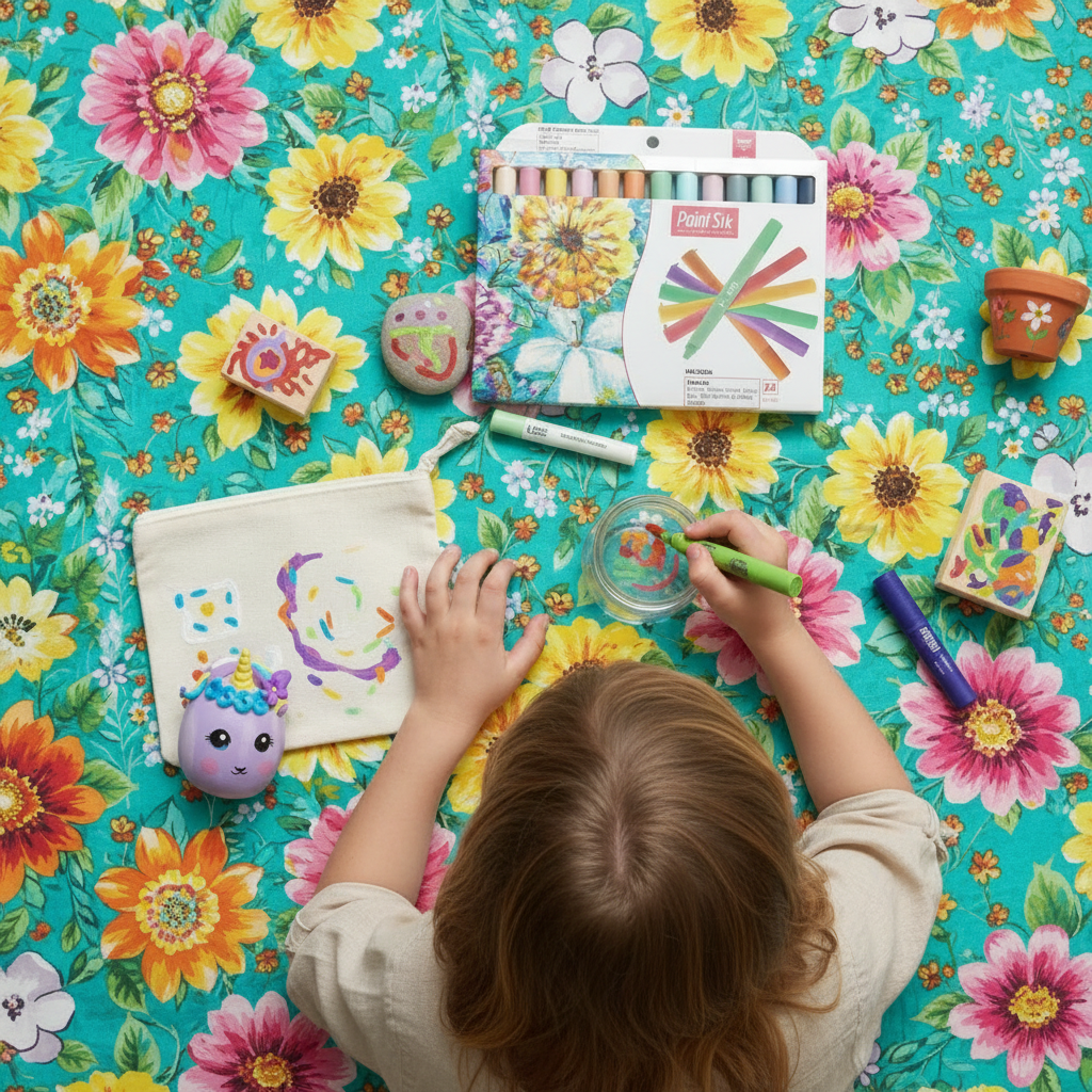 Child creating art on glass, fabric and other surfaces from above