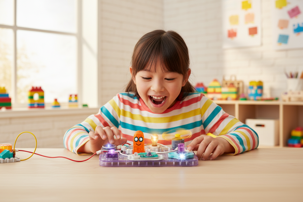 Child watching circuit light up with excitement