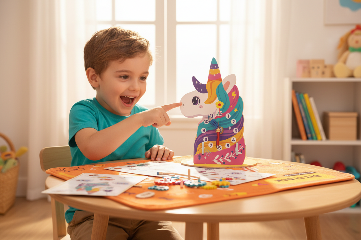 Joyful child learning to tell time with unicorn clock