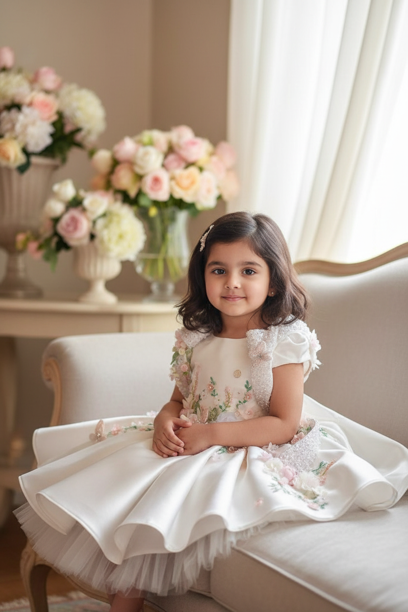 Indian Girl in White Floral Princess Dress
