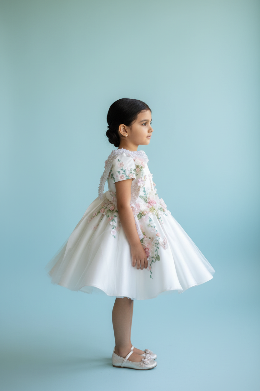 Indian Girl Side Profile in White Floral Princess Dress